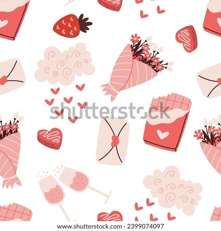 Seamless Pattern Adorned With Romantic Valentine Day Elements Such As Hearts, Flowers, Strawberry and Envelopes, Wineglasses, Creating A Charming And Love-filled Design. Cartoon Vector Illustration