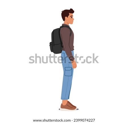 Male Character Stands Tall With Shoulders Back, Head Aligned With Spine. Backpack Snugly Positioned, Straps Adjusted. Maintain A Balanced Posture For Comfort And Spine Health. Vector Illustration