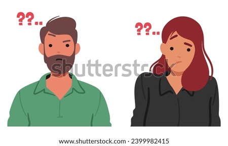 Man and Woman Faces Contorted in Confusion, Eyebrows Raised, And Lips Forming A Questioning Expression, As If Lost In Maze Of Uncertainties. Cartoon Characters Searching For Answers In their Thoughts