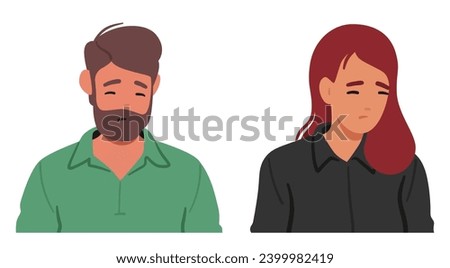 Man and Woman With Melancholic Facial Expression, Eyes Downcast And A Subtle Frown Conveying Profound Sadness, As If People Carrying The Weight Of Untold Sorrows. Cartoon Vector Illustration