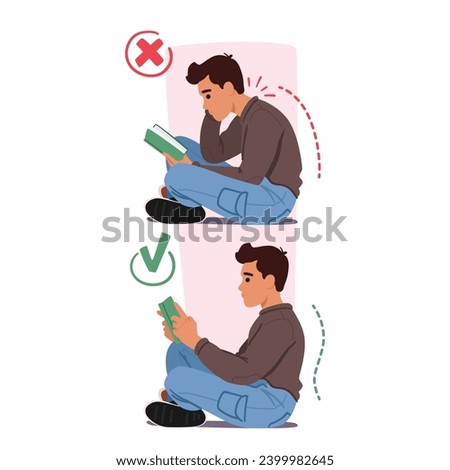 Man Engrossed In A Book Sits On Floor With Proper And Improper Body Postures. Right Pose Involves Sitting With A Straight Back, Eyes At Screen Level. Wrong Includes Slouching, Or Straining The Neck