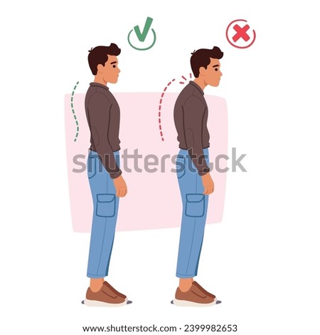 Male Character with Wrong Posture, Slouched With Rounded Shoulders. Proper Posture, Upright, Shoulders Back And Aligned Spine, Enhances Health And Overall Wellbeing. Cartoon People Vector Illustration