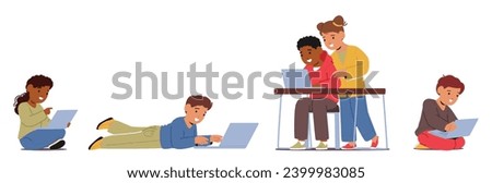 Children Engrossed In Learning, Eyes Fixed On Laptops Exploring World Of Knowledge. Characters Minds Alight With Curiosity, Forging A Path To Digital Enlightenment. Cartoon People Vector Illustration