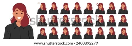 Woman Facial Emotions Set. Joy Radiates Through Her Smile, Eyes Light Up With Curiosity, Brows Furrow In Concentration, And A Serene Expression Reflects Inner Peace. Cartoon People Vector Illustration