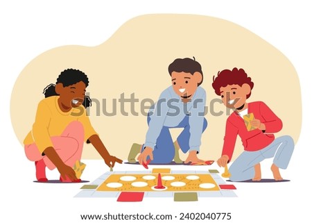 Children Characters Sit On The Floor, Laughter Filling The Air As They Eagerly Play Board Games, Their Faces Illuminated By The Soft Glow Of Colorful Game Pieces And Dice. Cartoon Vector Illustration