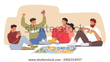 In A Cozy Room, Friends Gather On The Floor, Surrounded By Board Game. Laughter And Friendly Competition Fill The Air As They Enjoy A Lively And Entertaining Game Night Together. Vector Illustration