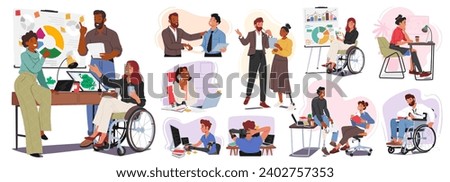 Inclusive Office Scene. Diverse Disabled Characters Collaborate Showcasing Equality. Wheelchairs, Adaptive Tools, And Supportive Colleagues Foster A Dynamic Workspace, Breaking Barriers With Empathy