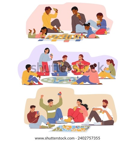 Friends Gathered On The Floor, Immersed In Board Games, Laughter Echoing As Colorful Game Pieces Move. The Joy Of Competition And Camaraderie Fills The Room With Warmth And Excitement. Vector Set