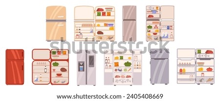 Closed and Open Refrigerators, Modern Appliances, That Use Cooling Technology To Preserve And Chill Food. They Maintain Low Temperatures, Keeping Food Fresh For Longer Periods. Cartoon Vector Set