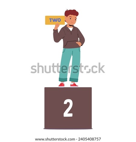 Joyful Child Boy Holds Up The Number Two. Kid Character Representing Progress In Math Learning, And Building A Solid Foundation For Future Mathematical Adventures. Cartoon People Vector Illustration