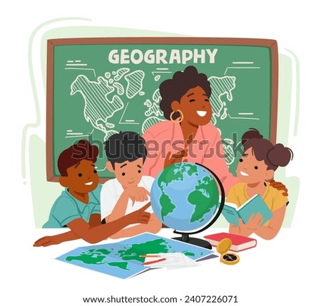 Passionate Geography Teacher Stands Amidst Diverse Group Of Curious Kids, Encircling Globe. Exploring The World Together, They Foster A Love For Learning And Global Understanding. Vector Illustration