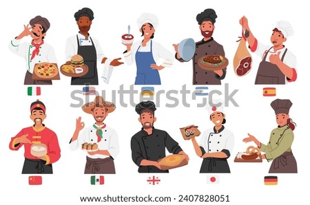 Male and Female Chefs Characters From Various Countries Representing A Unique Culinary Heritage, Creating A Vibrant Tapestry Of Gastronomic Diversity Of Food. Cartoon People Vector Illustration