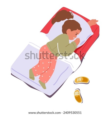 Nap Time Concept. Little Relaxed Girl Character Sleeping on Mat In Kindergarten Or Elementary School Afternoon. Kid Rest And Relaxing, Snooze And Kip In Bedchamber. Cartoon People Vector Illustration