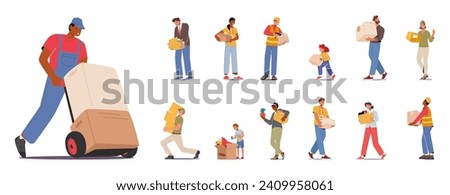 Set of Male and Female Characters with Different Boxes. Loader with Manual Trolley Loading Cargo, Fired Employee with Belongings, Child with Toys, and Volunteer. Cartoon People Vector Illustration