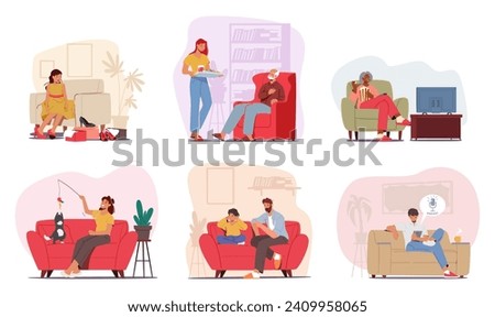 Set Male Female Characters on Couches. People Fitting Footwear, Watching Movie, Playing with Pets, Listening Podcast. Father Scolding Son, Woman Bring Food to Senior Man. Cartoon Vector Illustration