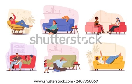 Set of Male and Female Characters Relax on their Couches. Men and Women Calling by Phone, Doing Yoga Meditation, Chatting with Friend, Surfing in Internet, Lounging. Cartoon People Vector Illustration