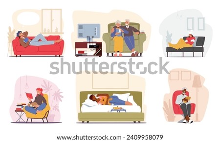 Set Of Male And Female Characters On Their Couches. Old and Young People Reading Books and Dreaming, Sick Woman Freezing, Senior Couple Watching Tv, Cartoon Vector Illustration