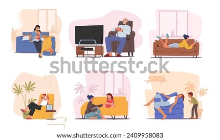 Set Of Male And Female Characters On Their Couches. People Resting at Home. Old Man Watching Tv, Mother Comforting Child, Teen Girl with Smartphone and Headphones. Cartoon Vector Illustration