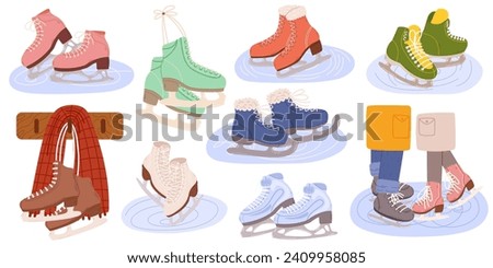 Ice Skates Cartoon Vector Collection. Footwear With Sharp Blades, Designed For Gliding On Ice Surfaces. They Enable Graceful Movement, Figure Skating, And Sports Like Ice Hockey And Speed Skating.