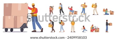 Various Characters, Including A Cargo Loader With A Manual Trolley, A Dismissed Employee With Personal Belongings, A Child With Toys, And A Volunteer, Each Holding Distinct Boxes. Vector Illustration