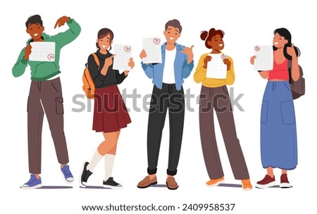Excited Students Characters Proudly Display Their A Test Results, Faces Beaming With Accomplishment And Achievement, As They Celebrate Academic Success Together. Cartoon People Vector Illustration