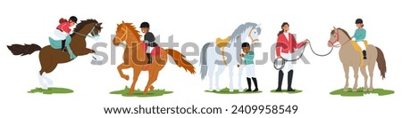 Children Joyfully Trot On Gentle Horses, Their Laughter Echoing Through The Open Air. Guided By Skilled Instructors, Each Ride Fosters A Magical Connection Between Child And Horse. Vector Illustration