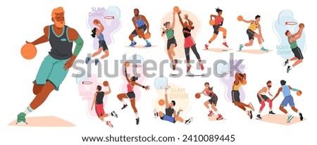 Vector Set of Athletes Dribble And Shoot On Court, Their Sneakers Squeaking. Sweat-soaked Jerseys Cling As They Aim For The Hoop, Embodying Teamwork, Skill, And Intense Competition In Basketball