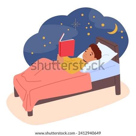 Child Character Immersed In A Bedtime Tale, Nestled Under Warm Cover, Captivated By The Enchanting Pages, As Imagination Takes Flight In The Cozy Embrace Of Dreams. Cartoon People Vector Illustration