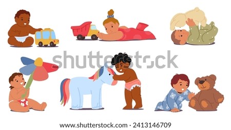 Babies Playing with Toys. Giggles Fill The Air As Chubby Hands Grasp A Colorful Playthings. Innocent Eyes Sparkle With Joy, Exploring Textures And Sounds In Their Playful World. Vector Illustration