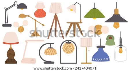 Hanging, Floor and Table Lamps with Stylish Lampshades Isolated on White Background. Modern Chandeliers with Light Bulbs, Lamps with Shades. Home, Room or Studio Decor. Cartoon Vector Illustration