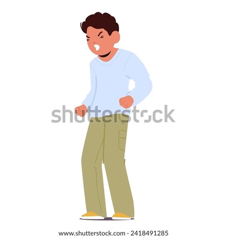 Fury Child Boy Character with Contorted Face, Clenched Fists And A Pouting Mouth Revealed An Offended Spirit, Wounded By Perceived Injustice. Cartoon People Vector Illustration