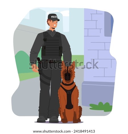 Vigilant Police Officer Character And Trained Dog Partner Form An Inseparable Team, Ensuring Public Safety Through Keen Instincts, Agility And Unwavering Dedication To Law Enforcement, Vector