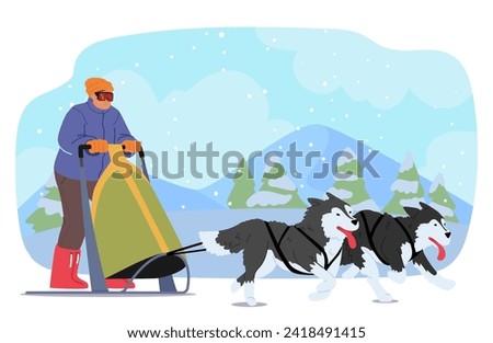Man Joyously Rides A Sled, Propelled By A Spirited Team Of Dogs, Their Collective Energy Carving Through The Snowy Landscape With Exhilarating Speed And Harmony. Cartoon People Vector Illustration