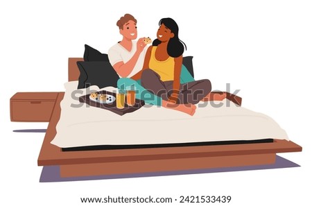 Cozy Morning Unfolds As A Couple Male Female Characters Shares Breakfast In Bed. He Tenderly Feeds Her Cookies, Laughter Echoing In The Warmth Of Shared Moments. Cartoon People Vector Illustration