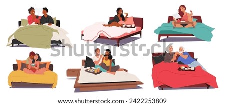 Vector Set of Indulgent Morning Moments. Couples Savoring Breakfast In Bed, Sharing Laughter, Whispers, And Warmth. A Tableau Of Love, Adorned With Sunlight And The Aroma Of Freshly Brewed Coffee