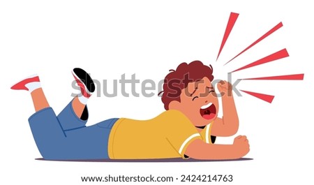 Distressed Child Unleashes A Torrent Of Tears, Beats Against The Ground, And Screams Uncontrollably. Kid Boy Character Engulfed In A Hysterical Tantrum. Cartoon People Vector Illustration