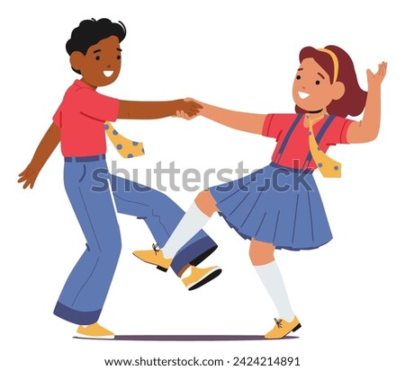 Kids Dance Rock And Roll, Vibrant And Energetic Dance Style. Children Groove To The Upbeat Rhythms Of Classic Rock-n-Roll Music, Expressing Joy Through Lively Movements. Cartoon Vector Illustration