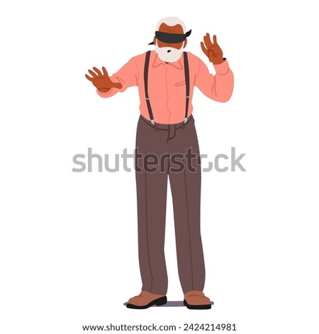 Blindfolded Senior Man Character Extends His Hands Tentatively, Relying On Touch To Navigate. Vulnerability And Resilience In Every Gesture, Exploring World Unseen. Cartoon People Vector Illustration