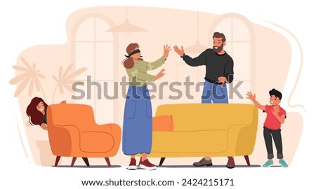 Joyful Laughter Echoes As Family Plays Hide-and-seek At Home. Giggles And Excitement Fill The Air As They Search For Each Other, Creating Cherished Moments Of Togetherness And Fun. Vector Illustration