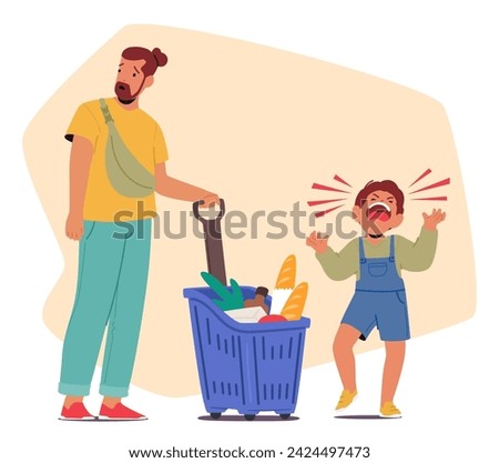 In The Crowded Store, A Child Piercing Screams Echoed, A Tantrum Unfolded. The Father, Wearied And Saddened, Struggled To Console Amid Sympathetic Stares. Character Cartoon People Vector Illustration