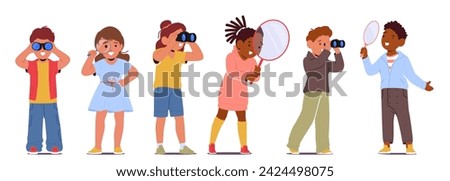 Children Eagerly Explore The World With Binoculars Or A Magnifying Glass, Discovering Hidden Wonders In Nature. Curiosity Sparks As They Observe And Marvel At Details Around Them. Vector Illustration
