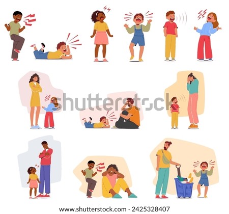 Distressed Children Unleash Hysterical Screams In A Tantrum, While Saddened Parent Characters Grapple With The Emotional Toll Of Their Little Ones Intense Outburst. Cartoon People Vector Illustration