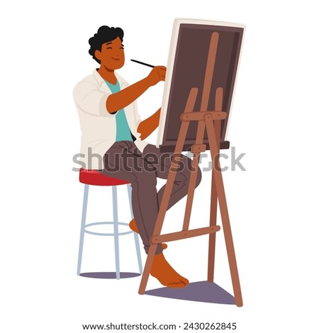 Artist Male Character, Immersed In Creativity, Applies Vibrant Strokes To A Canvas On An Easel, Bringing A Masterpiece To Life In A Studio Filled With Inspiration. Cartoon People Vector Illustration