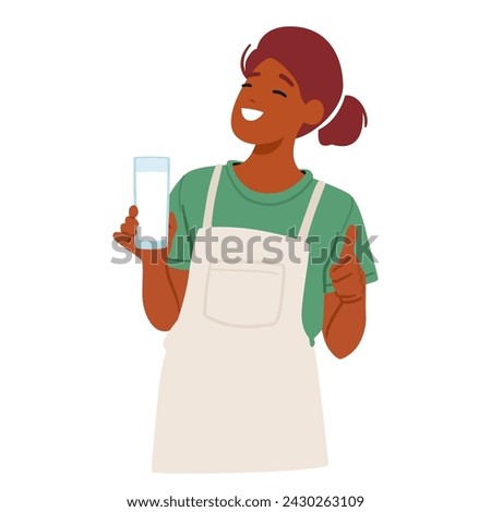 Farmer Female Character Donning Apron Cradles A Glass Filled With Frothy, Fresh Milk and Showing Thumb Up, Its Creamy Richness Reflecting The Dedication And Pride. Cartoon People Vector Illustration
