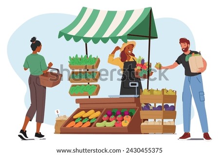 Farmer Character Proudly Displays Vibrant, Fresh Vegetables At Market Stall, Arranged Meticulously. Bright Colors And Earthy Aromas Invite Customers To Savor The Farm-to-table Goodness, Vector Scene