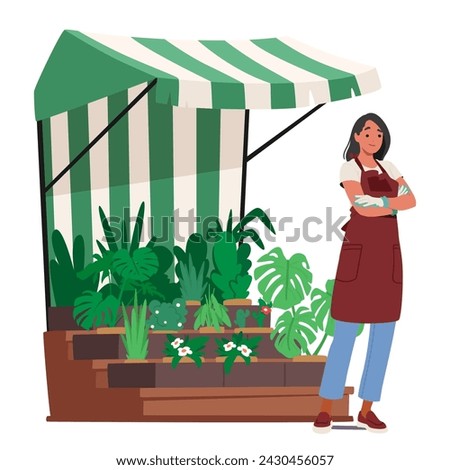 Woman Florist Character In An Apron And Garden Gloves, Arms Crossed, Stands Proudly At Her Gardener Market Stall, Surrounded By A Vibrant Array Of Plants For Sale. Cartoon People Vector Illustration