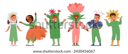 Children Adorned In Vibrant Blossom Costumes, Petals Fluttering With Every Step. Their Outfits Burst With Colors, Turning The Room Into Blooming Garden Of Joy And Laughter. Cartoon Vector Illustration