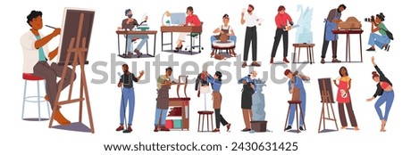 Set of Characters with Creative Professions. Artist, Author, Designer and Potter. Theater Actor, Sculptor and Photographer, Singer, Carpenter and Tailor or Dancer. Cartoon People Vector Illustration