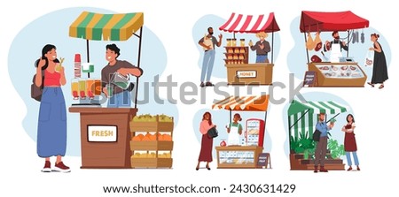 Farmers With Farming Production. Male And Female Vendor Characters Offer Fresh Juice And Honey, Meat, Dairy And Plants Selling Natural Products at Market Stalls. Cartoon People Vector Illustration