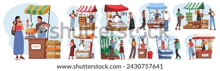 Set of Farmers Stalls With Natural Farming Production. Vendor Characters with Ice Cream, Bread, Fresh Juice and Honey. Hot Dog, Fish Meat, Vegetable, Plants or Milk. Cartoon People Vector Illustration